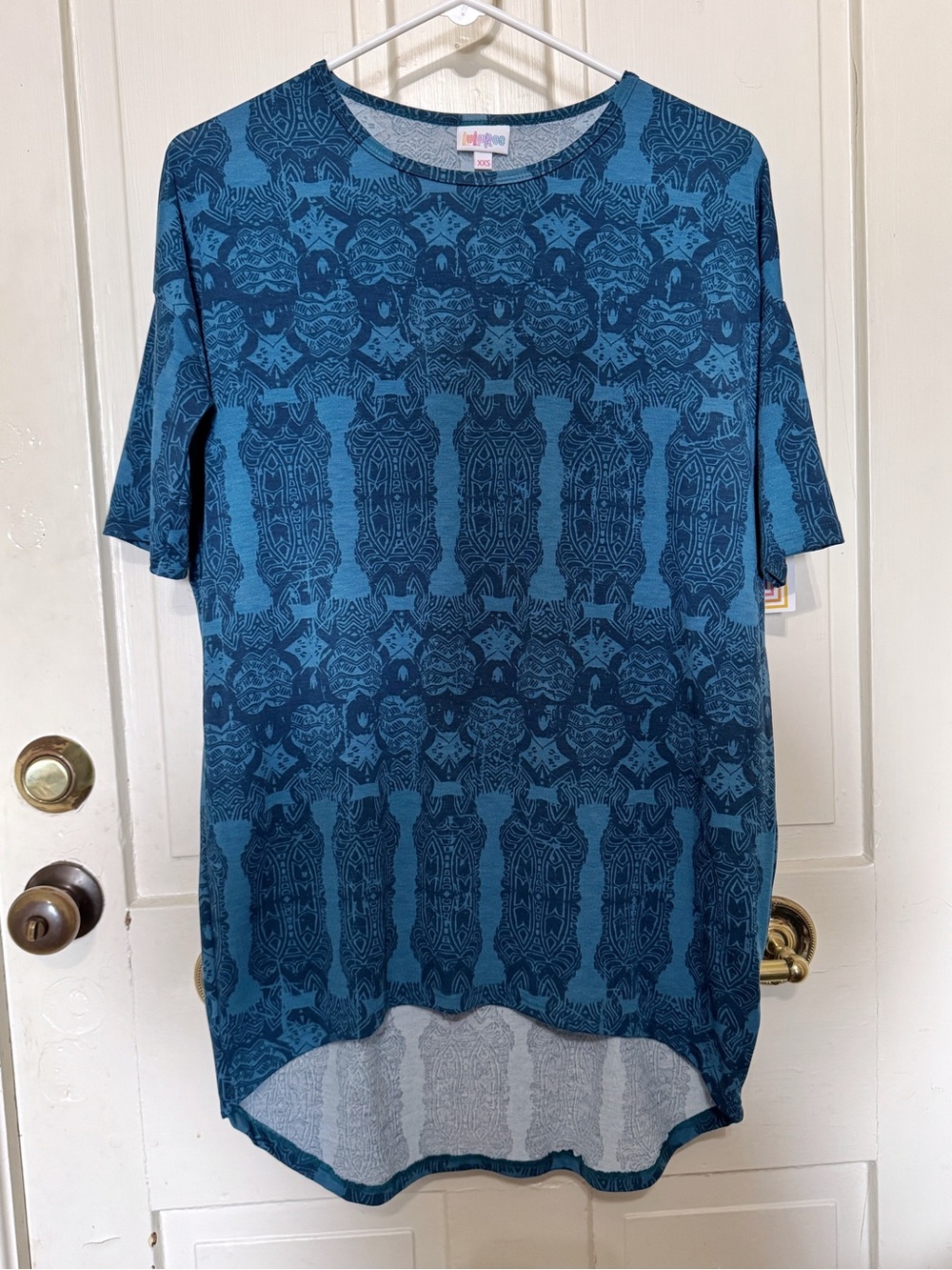LuLaRoe Teal Patterned Irma High-Low Tunic Style Shirt Size XXS NWT